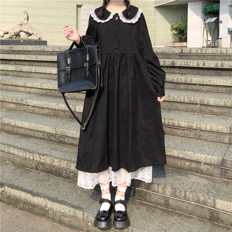 POSHOOT Sweet Kawaii Casual Lace Kawaii Dress Autumn French Vintage Peter Pan Collar Fairy Dresses Preppy Style Mid Student Clothes 2022