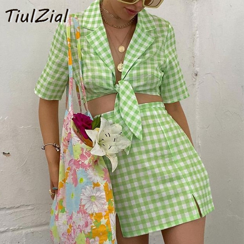 POSHOOT Green Plaid Y2K Women Dress Set Notched Lace Up Crop Top And Mini Skirt Two Pieces One Suit Summer Short Dress E Girl