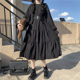 Poshoot   Japanese Harajuku Women Black Midi Dress Gothic Style Suspenders Bandage Dress Vintage Ruffles Long Baggy Cosplay Costume