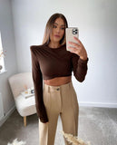 Poshoot  2023 Women V Neck Long Sleeve T Shirt with Shoulder Pads Green  Elegant Autumn Winter Ruched Top Tshirts Casual Brown