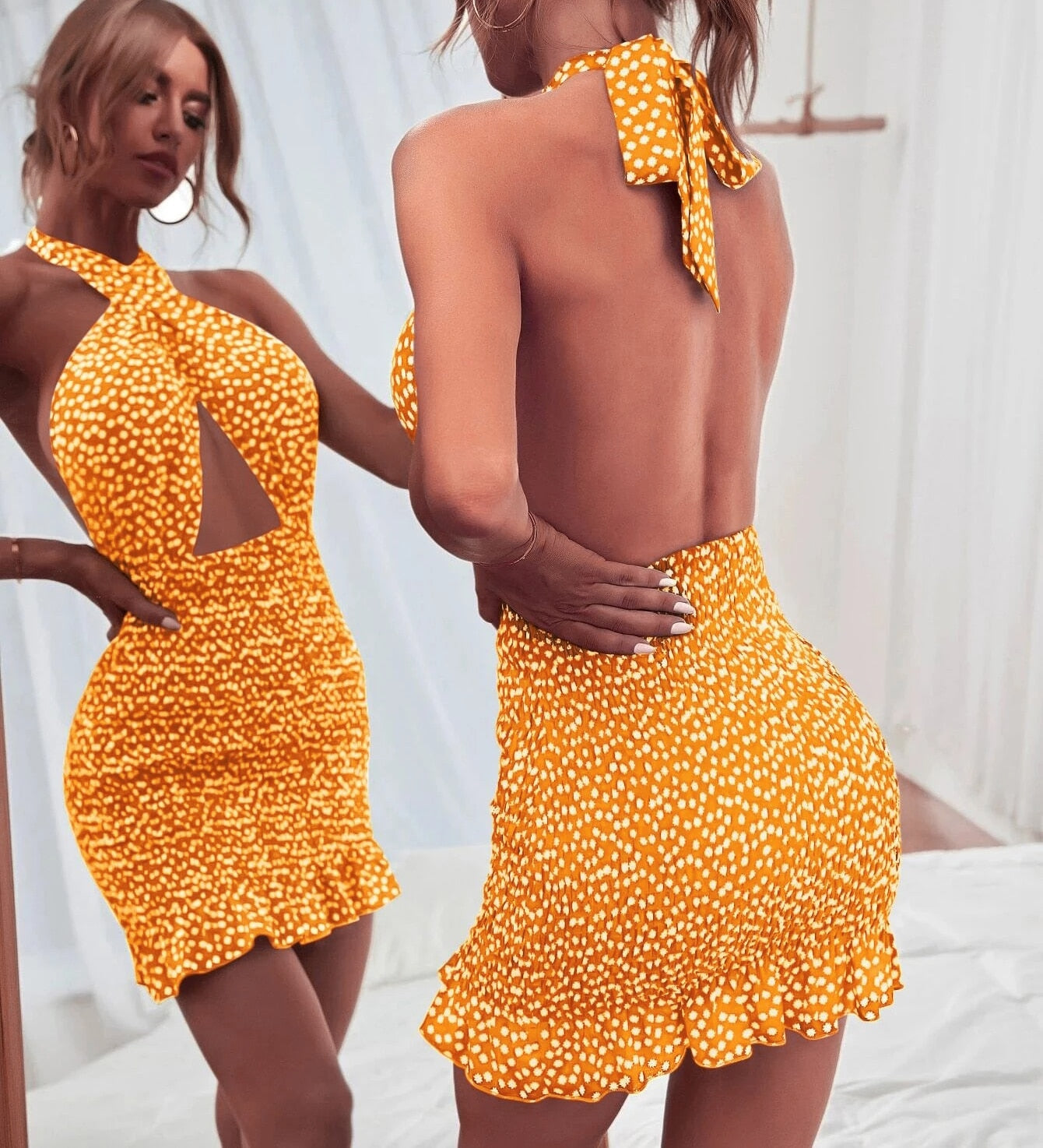 Poshoot  Backless Tie Up Short Wrap Bodycon Sundress Women  Cross Halter Mini Sheath Dress Party Ladies Cutout Front Dress