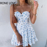 POSHOOT Women Elegant Fashion Sexy Floral Print Bandeau Frill Hem Dress Mini Dress Summer Party Dress