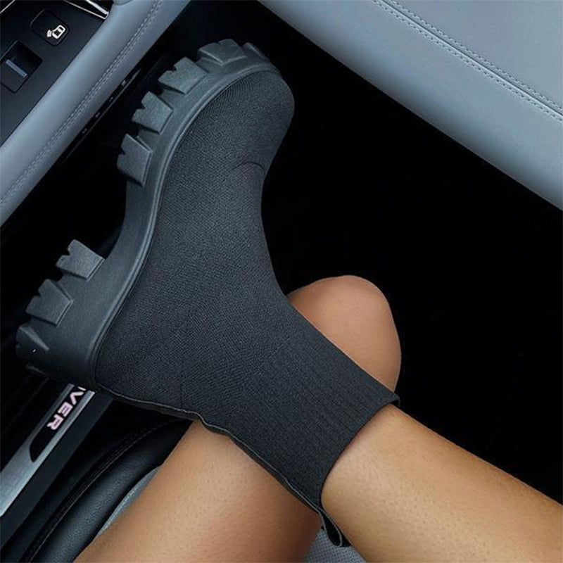 POSHOOT Women Ankle Boots Thick Bottom Knitted Woman Sock Shoes Elastic Fabric Fashion Female Short Boot Autumn Ladies Footwear 2022 New