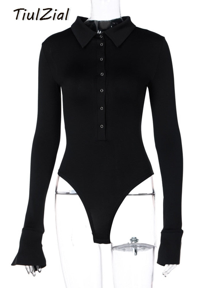 POSHOOT Button Autumn Winter Long Sleeve Bodysuit Women Turn Down Casual Bodysuit For Woman Body Female Black White Brown Tops