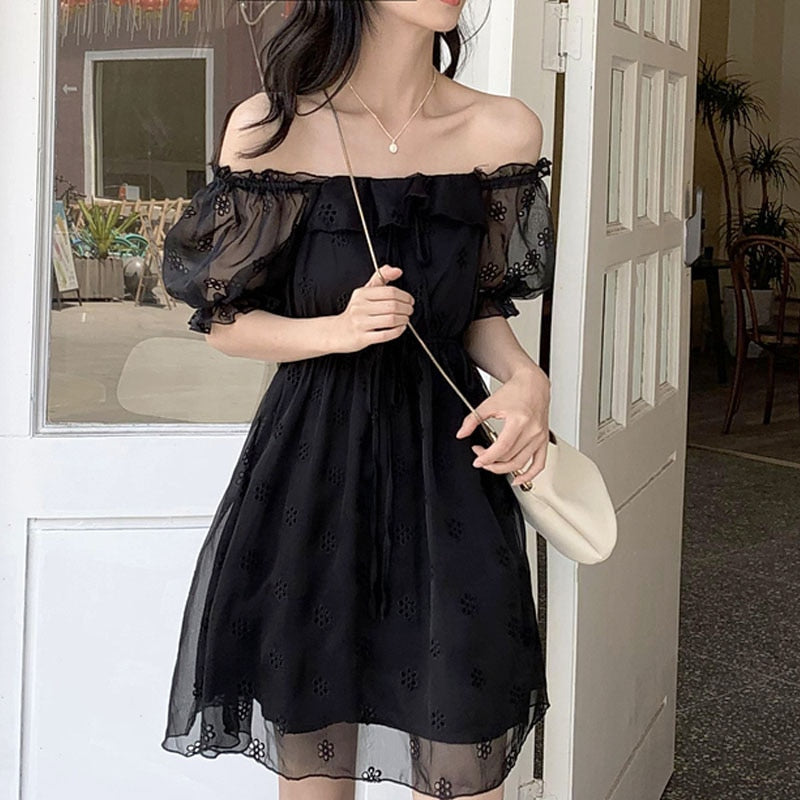 POSHOOT Puff Sleeve Casual Black Dress Women Square Collar Elegant Dress Evening Party Gothic Dress For Females Korean Style 2022 Summer