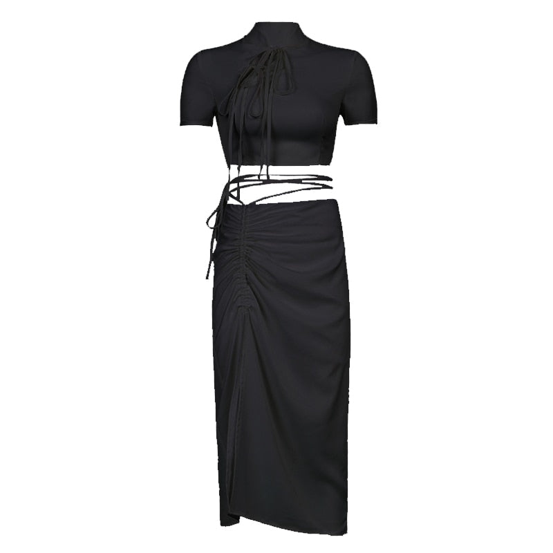 Poshoot  Chinese Style  Slim Bandage Dress Set Women Hollow Out Short Sleeve Crop Tops Drawstring Split High Waisted Skirts