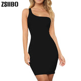 Poshoot 2022 Women's Casual Basic One Shoulder Tank Top Bodycon Long Sleeve Sleeveless Mini Club Dress