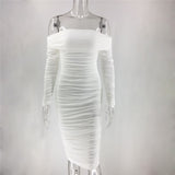 Mesh Sheer Off Shoulder Midi Party Dress Women Spring Elegant Long Sleeve Ruched Bodycon Dresses White Backless Vestidos