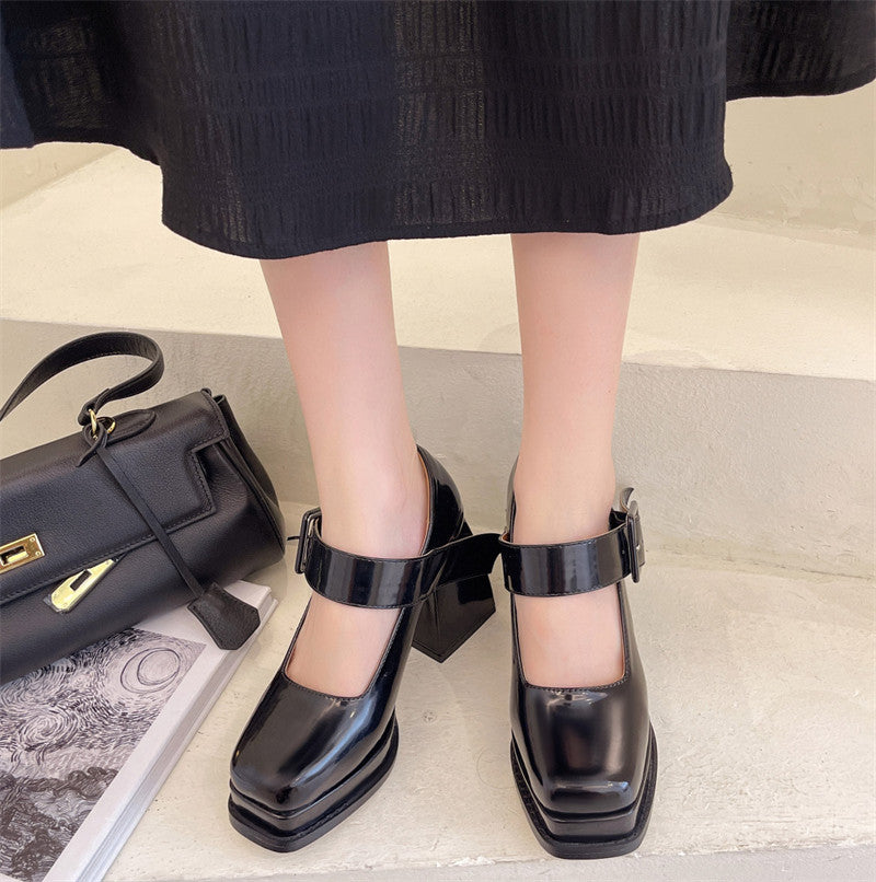 POSHOOT Black Punk Chunky Designer Platform Mary Janes Heels Shoes Women Patent Leather Square Toe Goth High Heels Women Pumps