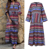 POSHOOT Women Maxi Dress Autumn Kaftan Dress Casual Full Length Robe Femme Long Sleeve V Neck Sundress Bohemian Printed Vestidos