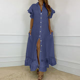 Poshoot  3 Colors Maxi Dress  Women Summer Flare Sleeve Long Dresses Loose Lapel Collar Ruffled Hem Vestidos  Split Hem Robe