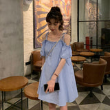 Poshoot Dresses For Women 2022 Sweet Puff Sleeve Solid  A-Line Mini Dress Slash Neck Off Shoulder Women's Summer Dress Vestidos De Mujer