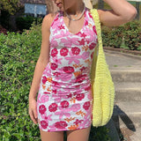 Poshoot Summer Halter Neck Bodycon Dress Mini Women V Neck Sleeveless 2023 Y2K Floral Print Beach Mini Backless Dresses Party
