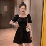 Poshoot Dresses Women Puff Sleeve Solid Summer Sexy Female Clothes Elegant Cozy Soft All-Match Simple Party Korean Style Ulzzang Retro