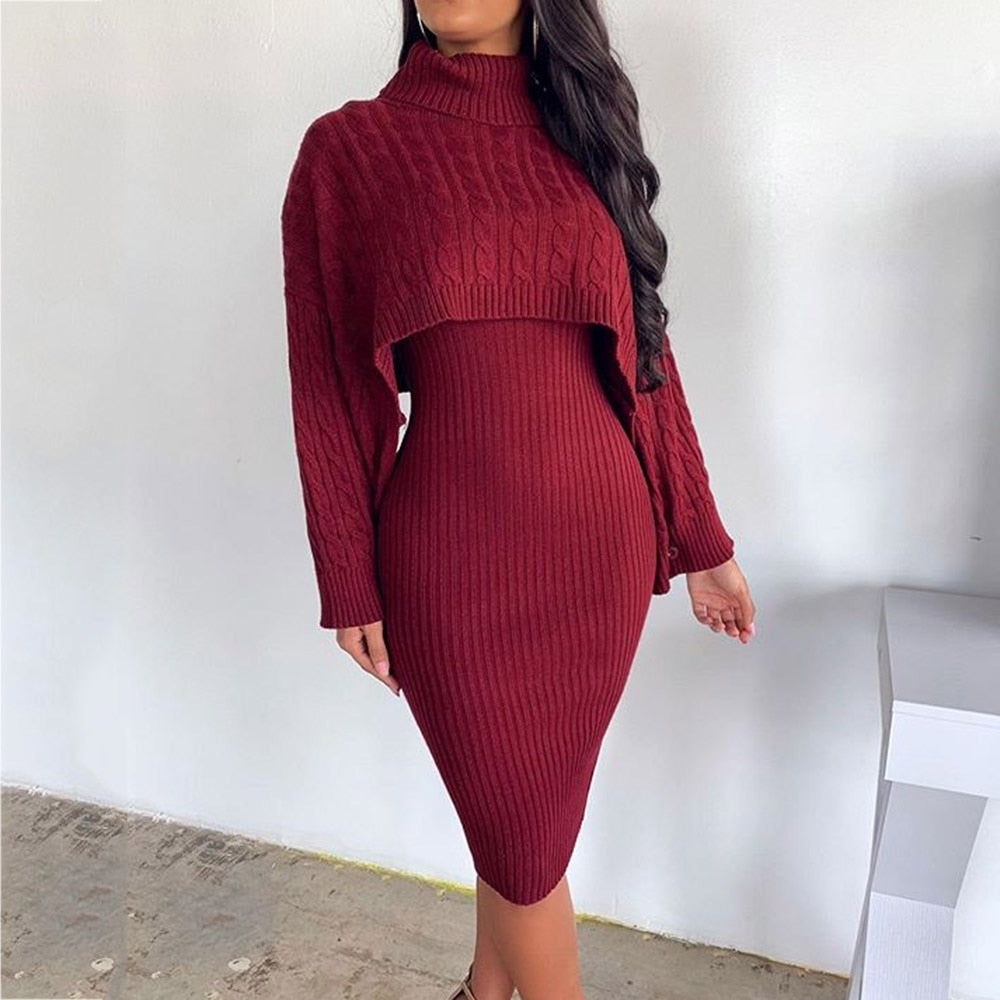 POSHOOT Women Winter Turtleneck Long Sleeve Sweater Dress Matching Outfit Fashion Autumn Bodycon Midi Knitted Dresses Two Piece Set Lady