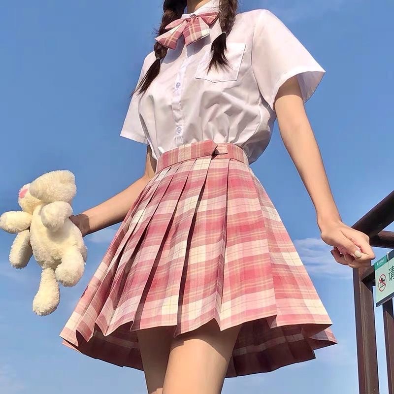 POSHOOT Japanese School Girl Uniform Pleated Mini Skirt School Uniform High Waist A-Line Plaid Skirt Sexy JK Uniforms For Woman Full Set
