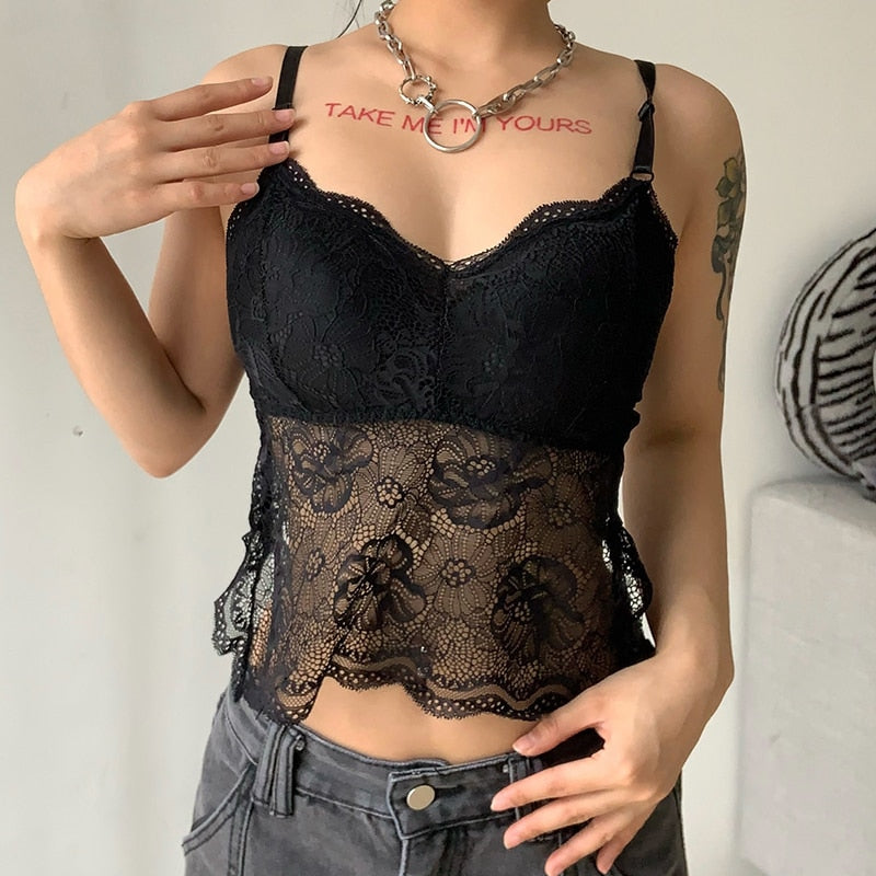 Poshoot  Fashion Chic Black Butterfly Lace Tops Ladies Backless Elegant Transparent  Cropped Tank Top Gothic Summer Vest