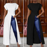 Poshoot  2023 Office Shirts Ladies  Split Hem Casual Bohemian Blusas Solid Short Sleeve Tops  Asymmetric Tops Femme
