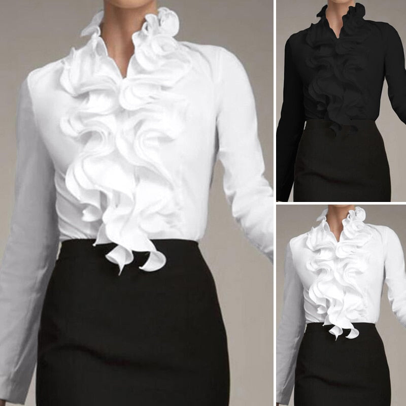 POSHOOT S Ladies Chic Tunic Tops Spring Office Ruffles Shirts Women Long Sleeve Elegant Work Flounce Blouse Female Blusas