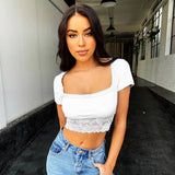 POSHOOT Short Sleeve Slash Neck Crop Tops Women Patchwork Hem Laceup Slim Elastic Sexy Summer Vacation Cropped Top Solid White