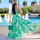 POSHOOT Woman Plus Size Dress V-Neck Sleeveless Spaghetti Strap Green Leaves Print Bandage Casual Loose Big Hem Maxi Dresses