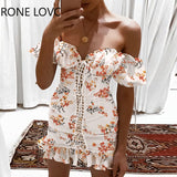 POSHOOT Women Strapless Floral Print Off Shoulder Eyelet Lace-Up Ruffles Mini Sxey Dress Elegant Dress