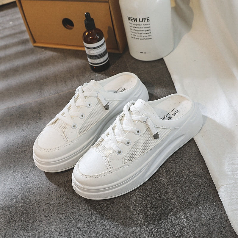 POSHOOT Women Platform Sneakers Fashion Breathable Low Upper Lace-Up Casual Flat Vulcanize Shoes Female Ladies White Trainers Footwear