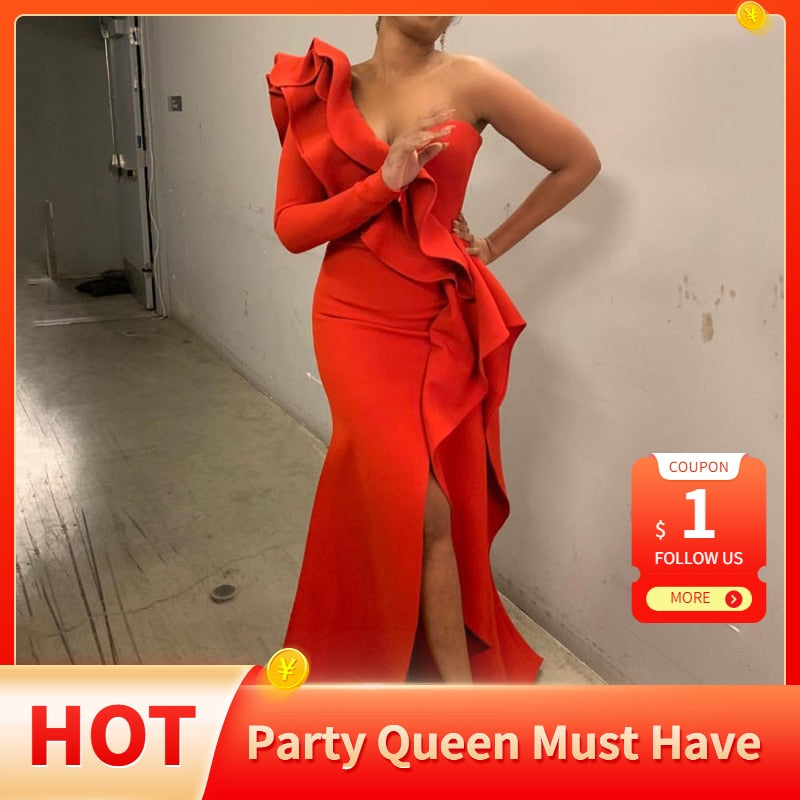 POSHOOT African Style Elegant Party Sexy Evening Women Long Dresses One Shoulder Bodycon Split Female Ruffles Maxi Red Dress Prom 2022