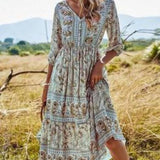 POSHOOT Casual Dress Cotton Midi Chiffon Boho Clothing With Flowers Floral Pattern Summer Loose 2022 Fashion Women A-Line V-Neck Empire