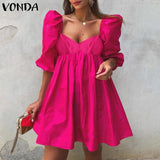 POSHOOT Women Mini Dress Summer Summer Puff Sleeve Dresses Casual Solid Sexy V Neck Bohemian Vestidos Loose Sundress Oversized