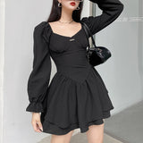 Poshoot  Fashion Elegant Puff Sleeve Black Dress Women Corset Autumn Pleated  Party Dress Mini Double Layer Ruched Clothes