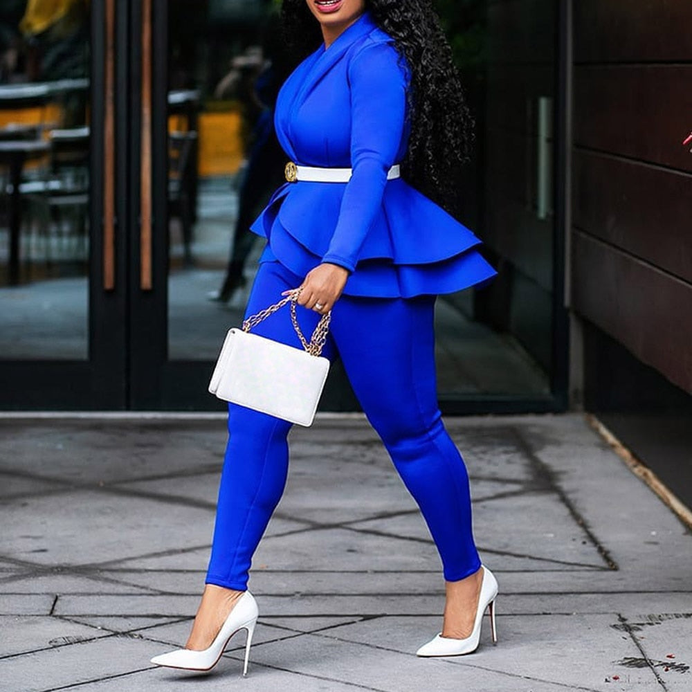 POSHOOT 2022 Spring Office Ladies Blue 2 Two Piece Set Top And Pants Suit Elegant Female Casual Business Matching Outfits Women Clothing