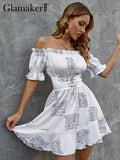 POSHOOT Newspaper Printed Sexy Cold Shoulder A-Line Midi Dress Office Ladies Commute Bandage Girdle Ruffles Holiday Dresses New
