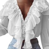 POSHOOT 2022  Solid Ruffles Blouse Women Long Sleeve Tunic Tops Casual Loose Shirt Ladies Elegant Sexy Deep V-Neck Thin Blusas Mujer