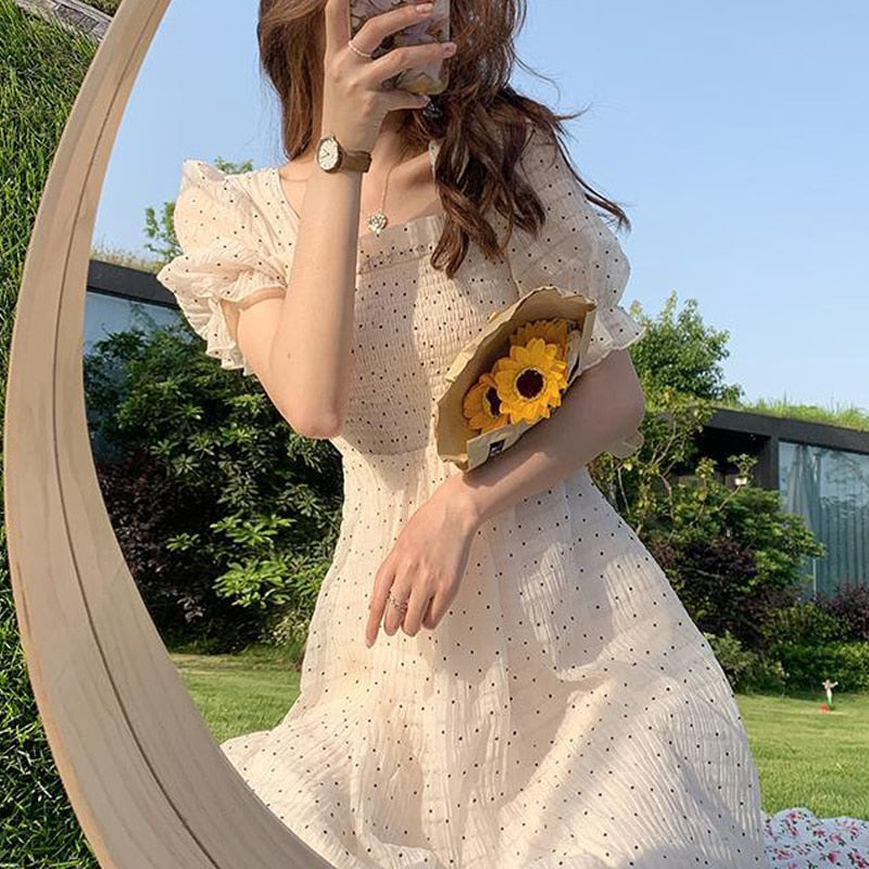 POSHOOT 2022 Summer Floral Design Sweet Dress Short Sleeve Chiffon Elegant Dress Korean Style Square Collar Party Dress For Female Dot