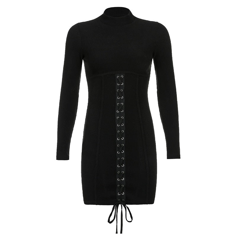 Poshoot  Fashion Patchwork Lace Up Bodycon Black Dress Female Long Sleeve Clubwear Party Dress Bandage Autumn Dresses Vestidos
