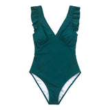 Poshoot  Green Teal Plunging Solid One-Piece Swimsuit Women Ruffle Ruched Monokini 2022 Girl Beach Bathing Suits