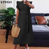 POSHOOT 2022  Women Elegant Office Dress Casual Sexy  Sundress Bohemian Belted Ruffled Party Long Dresses Vestidos Plus Size 5XL