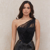 Poshoot  Fashion Black Velvet Lace Corset Top for Women Party  Backless Boned Crop Tops Clubwear Sleeveless Tops Zipper