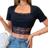 POSHOOT Short Sleeve Slash Neck Crop Tops Women Patchwork Hem Laceup Slim Elastic Sexy Summer Vacation Cropped Top Solid White