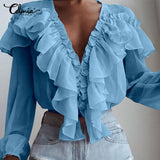 POSHOOT 2022  Solid Ruffles Blouse Women Long Sleeve Tunic Tops Casual Loose Shirt Ladies Elegant Sexy Deep V-Neck Thin Blusas Mujer