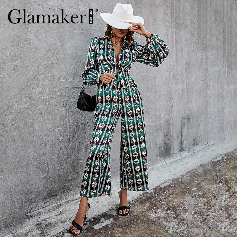 POSHOOT Commute Green Printed Wide Leg Jumpsuits Office Ladies Knotted On The Chest V Neck Long Playsuits Party Dinner Jumpsuit