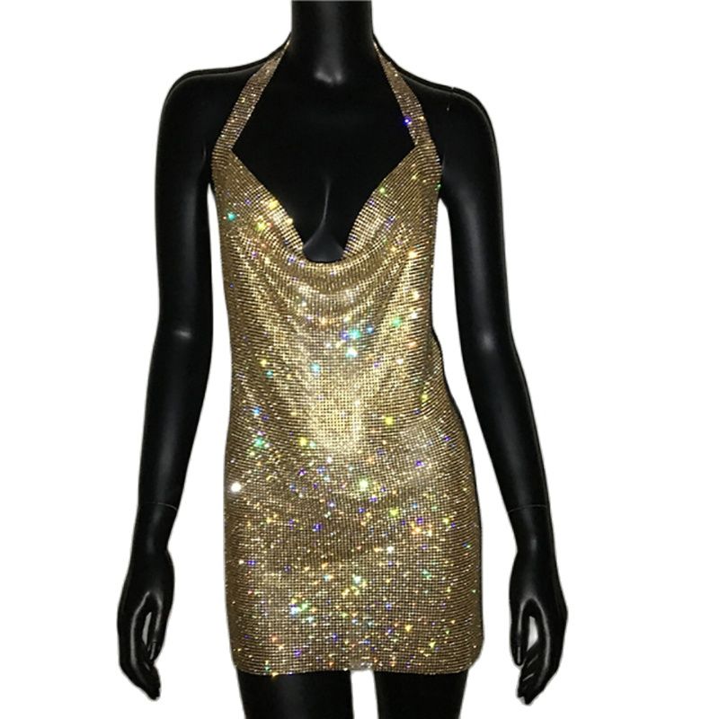 Poshoot  2023 NEW  Deep V Neck Crystal Dress Women Luxury Rhinestone Halter Dance Party Diamante Backless Split Mini Dresses