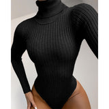 Poshoot    Autumn Winter Ribbed Knitted Long Sleeve Bodysuit Women Skinny Basic Solid Body Femme Casual Turtleneck Bodysuits Top