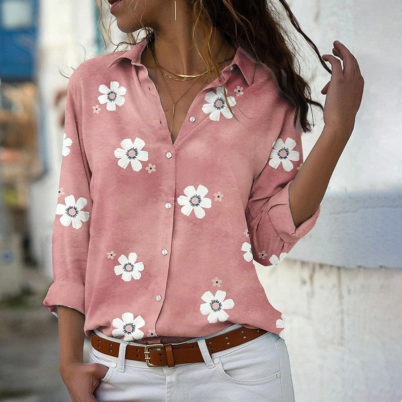 Poshoot  Floral Print Women Shirts And Blouses 2022 Spring Fashion Turn-down Collar Long Sleeve Office Lady Tops Plus Size Casual Blouse