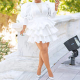 POSHOOT African Women White Dress Vintage Puff Sleeve Cute Ruffle Tiered Layered Summer Spring Ladies Sexy Mesh Party Club Mini Dresses