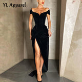 Poshoot 2022 Spring Summer Short Sleeve High Split Formal Evening Dress Women Solid Black Red Bodycon Long Maxi Party Cocktail Dresses