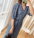 Poshoot 100%Viscose Women Dress Spring / Summer 2022 New Dress Square Collar Floral V-Neck Midi Dress