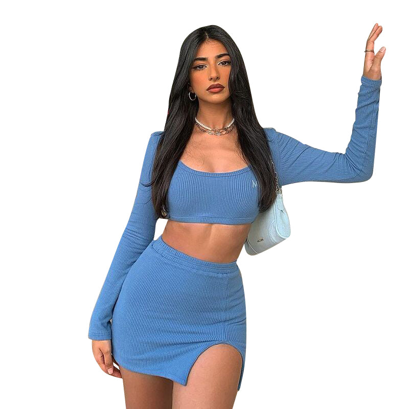 POSHOOT  2023 Long Sleeves Solid Navel Low Neck Bodycon Top  Mini Dress Set Summer Women Fashion Streetwear Outfits Y2K