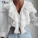 POSHOOT 2022  Solid Ruffles Blouse Women Long Sleeve Tunic Tops Casual Loose Shirt Ladies Elegant Sexy Deep V-Neck Thin Blusas Mujer